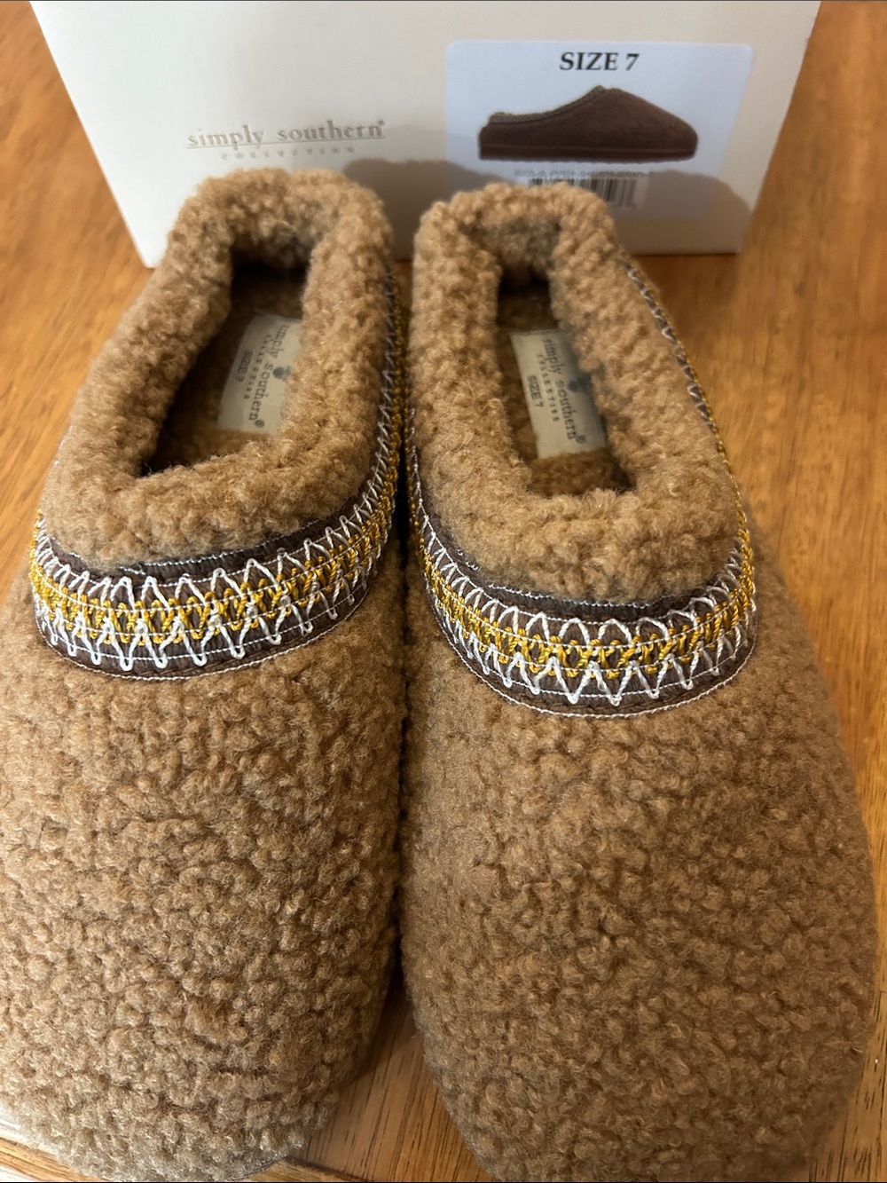 Simply Southern Tan Sherpa Slip-Ons with Embroidered Accent